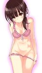  anza_tomo bad_id bad_pixiv_id bare_arms bikini bikini_pull blush breasts brown_eyes brown_hair cleavage eyes_visible_through_hair frilled_bikini frills front-tie_bikini front-tie_top hair_ornament highres lace lace-trimmed_bikini lace-trimmed_panties large_breasts leaning_forward long_hair looking_at_viewer midriff navel original panties panty_pull polka_dot polka_dot_background ponytail solo swimsuit thighs underwear 