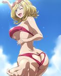  ;d ass ass_cutout bandeau bare_shoulders barefoot bikini blonde_hair blue_eyes breasts butt_crack cloud code_geass day eyewear_on_head feet from_behind hairu heart_cutout large_breasts looking_back milly_ashford one_eye_closed open_mouth shiny shiny_skin short_hair sky smile solo sunglasses swimsuit underboob 