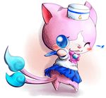  blue_skirt blush cat fangs from_behind full_body hat looking_back multiple_tails murufu no_humans one_eye_closed open_mouth pleated_skirt sailornyan school_uniform serafuku skirt solo standing star tail two_tails white_background youkai youkai_watch 