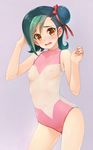  breasts covered_nipples green_hair hair_bun highres mizuki_kotori_(yuu-gi-ou_zexal) multicolored_hair nipples orange_eyes ribbon school_swimsuit see-through short_hair small_breasts solo swimsuit turtleneck two-tone_hair wacchi yuu-gi-ou yuu-gi-ou_zexal 