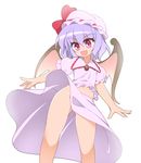  ass_visible_through_thighs bat_wings fangs hachi_(chihagura) hat hat_ribbon mob_cap open_mouth pink_eyes puffy_short_sleeves puffy_sleeves purple_hair remilia_scarlet ribbon shirt short_sleeves skirt skirt_set smile solo touhou upskirt wind wind_lift wings 