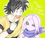  1boy 1girl black_hair black_sclera dragon_ball dragon_ball_xenoverse female_majin majin_(race) muraosa_(conjecture) scarf smile son_goku son_gokuu spiked_hair 