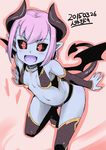  bat_wings bikini_top black_sclera blue_skin boots breasts character_request demon_girl detached_sleeves fang horns jingai_modoki leaning_forward monster_girl navel open_mouth outstretched_arms panties pointy_ears purple_hair red_eyes running short_hair small_breasts smile solo succubus tail thigh_boots thighhighs underwear wings 