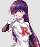  bad_id bad_twitter_id breasts bruise cosplay gloves hizuki_akira impossible_clothes impossible_shirt injury long_hair natsume_(pokemon) pokemon pokemon_special purple_eyes purple_hair shirt solo team_rocket_uniform white_gloves 