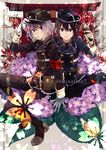  armband black_hair english flower gloves highres honebami_toushirou hydrangea kuronyanko leaf male_focus military military_uniform multiple_boys namazuo_toushirou necktie purple_eyes silver_hair sitting smile snail spider_lily torii touken_ranbu uniform whistle white_gloves 