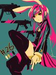  animal_ears bad_id bad_pixiv_id bangs black_footwear blazer blue_background boots bunny_ears crescent crescent_moon crescent_moon_pin ears expressionless extra_ears finger_gun fingernails gun h&amp;k_mp5sd heckler_&amp;_koch highres jacket limited_palette long_hair long_sleeves moon nail_polish numbered pink_eyes pink_hair pink_skirt reisen_udongein_inaba sanso simple_background skirt solo submachine_gun suppressor thigh_boots thighhighs touhou weapon 