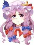  :&lt; angry blush bow bowtie closed_mouth crescent crescent_hair_ornament disdain e.o. frown hair_bow hair_ornament hair_ribbon hat highres long_hair looking_at_viewer mob_cap patchouli_knowledge portrait purple_eyes purple_hair ribbon solo tareme touhou tress_ribbon v-shaped_eyebrows 