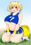  blonde_hair blush breasts cheerleader clothes_writing headphones huge_breasts ikuta_na_ma looking_at_viewer navel nitroplus open_mouth orange_eyes plump pom_poms short_hair smile solo super_pochaco twintails underboob 