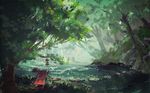  forest highres lake lantern nature no_humans original outdoors painterly scenery stepping_stones syo5 table tree water waterfall 