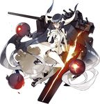  akira_(kadokawa) anchorage_water_oni black_hair burnt_clothes cannon dress fire full_body glowing glowing_eyes gradient_hair grey_hair horns kantai_collection long_hair machinery multicolored_hair official_art orange_eyes pale_skin runway shinkaisei-kan solo torn_clothes torn_dress transparent_background very_long_hair white_hair 