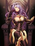  book breasts camilla_(fire_emblem_if) cleavage crossed_legs curly_hair fire_emblem fire_emblem_if gauntlets highres large_breasts long_hair looking_at_viewer purple_eyes purple_hair quest_(artist) sitting solo throne 