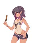  bikini black_hair breasts dungeon_and_fighter elf food gh highres long_hair mage_(dungeon_and_fighter) one-piece_tan pointy_ears popsicle red_eyes short_shorts shorts shorts_pull small_breasts solo striped striped_bikini sweat swimsuit tan tanline 