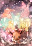  bow brown_eyes eevee espeon flareon full_body gen_1_pokemon gen_2_pokemon gen_4_pokemon gen_6_pokemon glaceon glowing glowing_eyes highres howling jolteon leafeon light_particles looking_at_viewer no_humans pokemon pokemon_(creature) serious signature smile standing sylveon umbreon vaporeon 