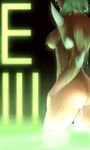  ass breasts dark_skin demon_girl doom_(game) from_side glowing green green_hair hdoom head_out_of_frame highres imp_(doom) klein_voimond medium_breasts nipples nude partially_submerged personification short_hair solo spikes thighs water water_drop wet 