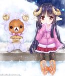  animal_costume animal_ears black_hair black_legwear boots coat earrings happy_new_year highres horns houraisan_kaguya jewelry long_hair mafe_(mafeczitha) new_year rilakkuma san-x sheep_costume sheep_ears sheep_horns sitting skirt snow snowing touhou watermark web_address 