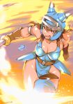  bad_id bad_twitter_id blue_armor blue_legwear breasts brown_gloves brown_hair cleavage daisy_(dq) dragon_quest dress faulds gloves helmet horned_helmet horns large_breasts long_hair ojo_(dfreak) red_eyes running solo sword thighhighs weapon 