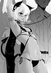  1girl absurdres armpits arms_up bikini black_bikini black_rock_shooter blush breasts breath collar dark_skin demon_tail greyscale groin hair_ornament head_out_of_frame highres leash m-da_s-tarou monochrome open_mouth restrained short_hair side-tie_bikini small_breasts solo_focus strap_gap strength_(black_rock_shooter) sweat swimsuit tail tears trembling wings 