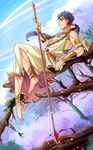  armlet bad_id bad_pixiv_id barefoot blue_hair bracelet earrings fate/stay_night fate_(series) gae_bolg highres jewelry lancer long_hair male_focus necklace polearm ponytail red_eyes shimo_(s_kaminaka) sitting solo spear toga tree weapon 