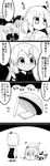  0_0 3girls 4koma :/ :3 :d absurdres bangs basket bell blunt_bangs book comic commentary drop_trap eyebrows_visible_through_hair flower futa_(nabezoko) futatsuiwa_mamizou futatsuiwa_mamizou_(human) glasses greyscale hair_flower hair_ornament hakama hieda_no_akyuu highres holding holding_book japanese_clothes kicking kimono leaf_hair_ornament long_hair long_sleeves lying monochrome motoori_kosuzu multiple_girls object_on_head on_stomach open_mouth pince-nez pointing pointing_up reading revision short_hair sleeves_past_wrists smile touhou translated two-tone_background wide_sleeves 