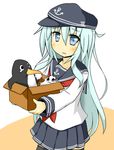  anchor_symbol black_legwear black_skirt blue_eyes box cardboard_box failure_penguin flat_cap goodsun_sunkumi hair_ribbon hat hibiki_(kantai_collection) highres in_box in_container kantai_collection long_hair long_sleeves miss_cloud neckerchief pantyhose pleated_skirt red_ribbon ribbon school_uniform serafuku silver_hair skirt teardrop thighhighs white_ribbon 