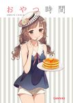  braid breasts brown_eyes brown_hair butter cover cover_page cowboy_shot doujin_cover flower food fork hair_ribbon hat hat_flower highres holding holding_fork honey long_hair looking_at_viewer morikura_en original pancake plate ribbon shorts sleeveless small_breasts smile solo stack_of_pancakes striped striped_background twin_braids twintails vertical-striped_background vertical_stripes 
