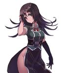  bad_id bad_twitter_id black_hair brown_eyes brown_hair chikuma_(kantai_collection) geeto_gaadian gloves hair_between_eyes kantai_collection long_hair looking_at_viewer pelvic_curtain remodel_(kantai_collection) short_sleeves side_slit single_glove single_thighhigh skirt skirt_set solo thighhighs 