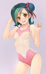  breasts covered_nipples green_hair hair_bun highres mizuki_kotori_(yuu-gi-ou_zexal) multicolored_hair nipples one-piece_swimsuit orange_eyes ribbon school_swimsuit see-through short_hair small_breasts solo swimsuit two-tone_hair wacchi yuu-gi-ou yuu-gi-ou_zexal 