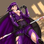  1girl blood bodysuit breasts cameltoe caooll cape cleavage hair hit-girl kick-ass large_breasts lips looking_at_viewer mask older purple purple_hair solo torn_clothes weapon 