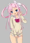  artist_request blue_eyes clothes_tug koihime_musou long_hair no_pants pink_hair ribbon shirt smile solo sonshoukou sweater sweater_tug twintails very_long_hair waving 