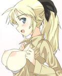  :d blonde_hair blue_eyes bra breasts freckles hair_ribbon katharine_ohare large_breasts long_hair nipples open_clothes open_mouth profile ribbon semisutowomu sideways_mouth simple_background smile solo underwear upper_body white_background white_bra world_witches_series 