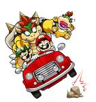  artist_request bad_id bad_pixiv_id blue_eyes bowser bowser_jr. brothers car clenched_teeth closed_eyes driving facial_hair fang father_and_son gloves ground_vehicle hat highres horns luigi mario mario_(series) monster motor_vehicle multiple_boys mustache open_mouth red_hair rock siblings super_mario_bros. sweatdrop teeth white_gloves wrist_cuffs 
