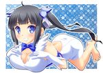  ahoge anni_minto arm_ribbon bad_id bad_pixiv_id barefoot black_hair blue_eyes blue_ribbon blush breasts cleavage cleavage_cutout dress dungeon_ni_deai_wo_motomeru_no_wa_machigatteiru_darou_ka gloves grin hair_ornament hair_ribbon hestia_(danmachi) large_breasts long_hair looking_at_viewer rei_no_himo ribbon smile solo star starry_background twintails white_dress white_gloves 