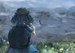  backpack bad_id bad_twitter_id bag blue_dress blue_hair blue_sky camera dress flower fog forest from_behind grass hair_bobbles hair_ornament hat ichiba_youichi kawashiro_nitori loch_ness_monster morning nature short_sleeves sky solo touhou 