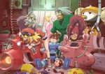  ass barrel_caskett beard bike_shorts blonde_hair bon_bonne brown_hair cabbie_hat chainsaw data_(rockman_dash) facial_hair gloves green_eyes hat huge_weapon kobun long_hair matilda_caskett mko_(artist) multiple_boys multiple_girls old_man red_shorts rock_volnutt rockman rockman_dash roll_caskett shorts smile teisel_bonne tron_bonne weapon yuna_(rockman_dash) 