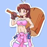 alternate_breast_size artist_name blue_background blush_stickers breasts brown_eyes brown_hair chain clothes_around_waist commentary eyelashes gloves hand_on_hip ice_climber mallet minus8 mittens nana_(ice_climber) simple_background solo 