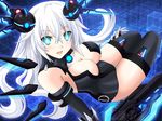  aqua_eyes black_heart blue_eyes breasts cleavage kagura_ittou large_breasts long_hair looking_at_viewer neptune_(series) open_mouth shiny shiny_skin smile solo sword symbol-shaped_pupils thigh_gap weapon white_hair wings 