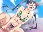  1girl ahegao beach bikini black_hair bukkake cameltoe cum erect_nipples eroge! eroge!_h_mo_game_mo_kaihatsu_zanmai facial fucked_silly game_cg glasses hamashima_shigeo kosaka_iori long_hair multicolored_stripes open_mouth penis purple-framed_glasses red_eyes saliva shiny shiny_skin solo squatting striped striped_bikini striped_swimsuit swimsuit tongue twintails 