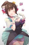  ;d animal_ears breasts brown_hair cat_ears cleavage dress elbow_gloves gloves green_eyes idolmaster idolmaster_cinderella_girls large_breasts maekawa_miku miseo_(mrkglove) one_eye_closed open_mouth paw_pose short_hair simple_background smile solo star!! thighhighs white_gloves white_legwear 