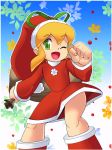  blonde_hair clenched_hand dress eyebrows_visible_through_hair green_eyes hat long_hair one_eye_closed open_mouth pepipopo red_dress rockman rockman_(classic) roll sack santa_costume santa_dress santa_hat sidelocks solo 