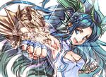  :d armpits black_hair blue_eyes breasts broken_glass chinese_clothes cleavage cleavage_cutout foreshortening gauntlets glass horns karin_(p&amp;d) long_hair medium_breasts open_mouth puzzle_&amp;_dragons shouma_(bravespiritya) sleeveless smile solo 