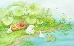  backpack_removed bad_id bad_pixiv_id bag bear bird bow bowtie colored_pencil_(medium) duck duckling flower food grass lily_pad no_humans original outdoors polar_bear sandwich sitting st.kuma traditional_media water watercolor_(medium) 