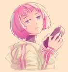  :| android beige_background blank_stare closed_mouth dorothy_(va-11_hall-a) from_side headphones holding_headphones jacket kiririn51 light_frown long_sleeves looking_at_viewer looking_to_the_side original pink_hair shaft_look short_hair signature simple_background solo track_jacket upper_body va-11_hall-a 