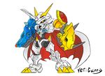  arm_cannon armor cape chibi digimon full_armor highres horns monster no_humans omegamon omegamon_x royal_knights solo weapon 