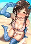  beach bikini blue_gloves blue_legwear blush breasts broken_condom brown_eyes brown_hair cleavage condom cover cover_page cum cum_in_mouth cum_on_body cum_on_breasts cum_on_clothes cum_on_upper_body doujin_cover earrings elbow_gloves flower full-face_blush gloves hair_flower hair_ornament hairband heart heart-shaped_pupils idolmaster idolmaster_cinderella_girls jewelry long_hair looking_at_viewer medium_breasts nitta_minami ocean rib:y(uhki) shiny shiny_skin sitting skindentation solo stud_earrings swimsuit symbol-shaped_pupils thighhighs tongue tongue_out used_condom wariza white_bikini 