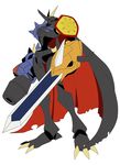  arm_cannon armor black_armor black_cape digimon full_armor highres horns monster no_humans omegamon omegamon_zwart solo sword weapon 