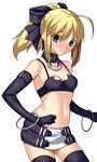  ahoge artoria_pendragon_(all) blonde_hair blush choker cosplay disgaea elbow_gloves etna etna_(cosplay) fate/stay_night fate_(series) gloves green_eyes midriff navel saber skirt skylader solo thighhighs 