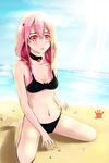  absurdres adjusting_clothes adjusting_swimsuit bikini black_bikini blush breasts cleavage guilty_crown hair_ornament hairclip highres long_hair looking_at_viewer navel open_mouth pink_hair red_eyes solo swimsuit twintails yong_mei-uta yuzuriha_inori 