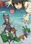  &gt;_&lt; 51_(akiduki) 6+girls ahoge akagi_(kantai_collection) akatsuki_(kantai_collection) anchor_symbol black_hair black_legwear black_skirt brown_hair closed_eyes drooling eyepatch fang fine_art_parody fingerless_gloves flat_cap folded_ponytail gloves hair_between_eyes hair_ornament hairclip hat headgear hibiki_(kantai_collection) highres ikazuchi_(kantai_collection) inazuma_(kantai_collection) japanese_clothes kantai_collection kneehighs long_hair long_sleeves multiple_girls neckerchief open_mouth parody pleated_skirt ponytail purple_hair school_uniform serafuku short_hair short_sleeves silver_hair skirt style_parody sword tears tenryuu_(kantai_collection) thighhighs translated utagawa_kuniyoshi_(style) weapon |_| 