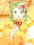  :d ahoge bow brown_bow drill_hair flower green_eyes green_hair hair_flower hair_ornament kanaria kokuro open_mouth parasol red_flower red_rose rose rozen_maiden short_hair smile solo twin_drills umbrella yellow_bow yellow_umbrella 