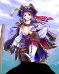  blue_eyes blue_hair breasts chain_chronicle character_request cleavage dutch_angle gun hat hat_feather highres jacket_on_shoulders large_breasts long_hair looking_at_viewer mira_(chain_chronicle) pirate_costume pirate_hat pov shirt solo sukumo_(kemutai) weapon white_shirt 